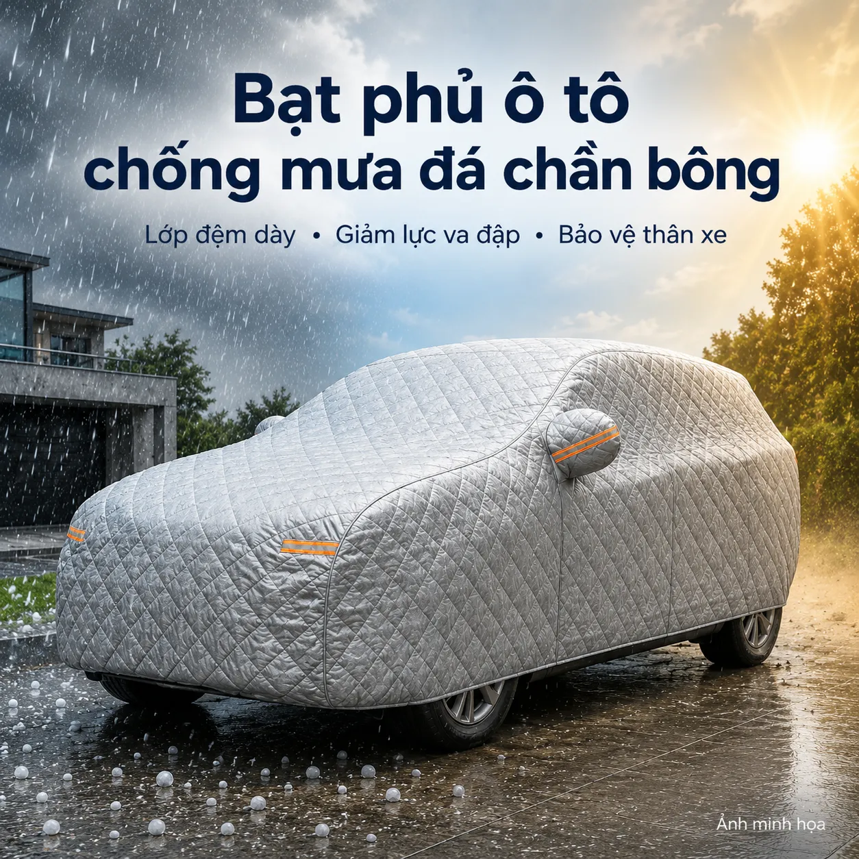 Bạt Phủ Ô Tô Chống Mưa Đá Chần Bông Dày, Bảo Vệ Thân Xe